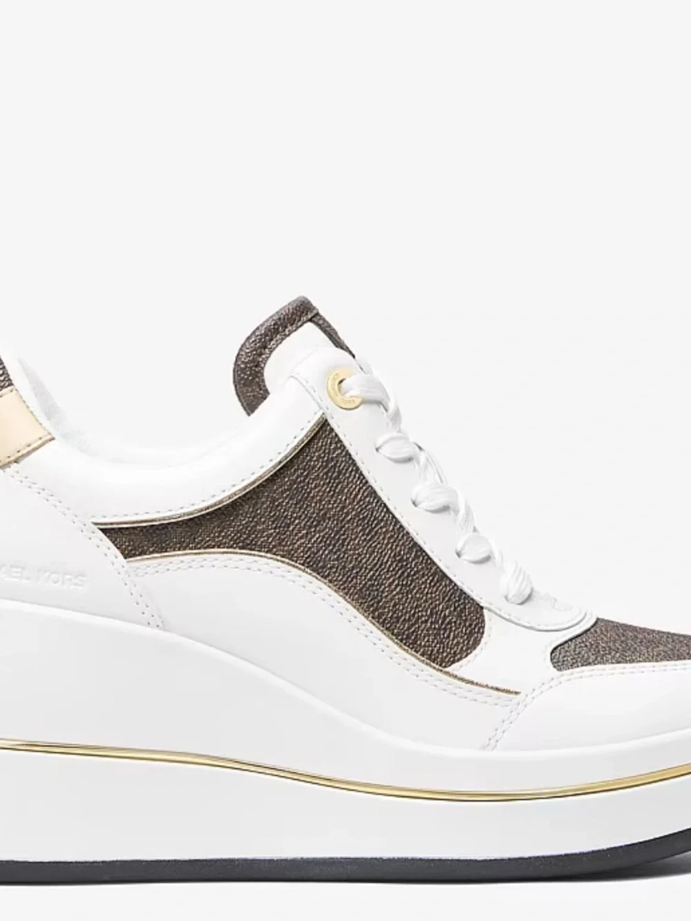 Michael Kors Size 8 Brown Emmy Signature Logo Leather Wedge Trainer New In Box